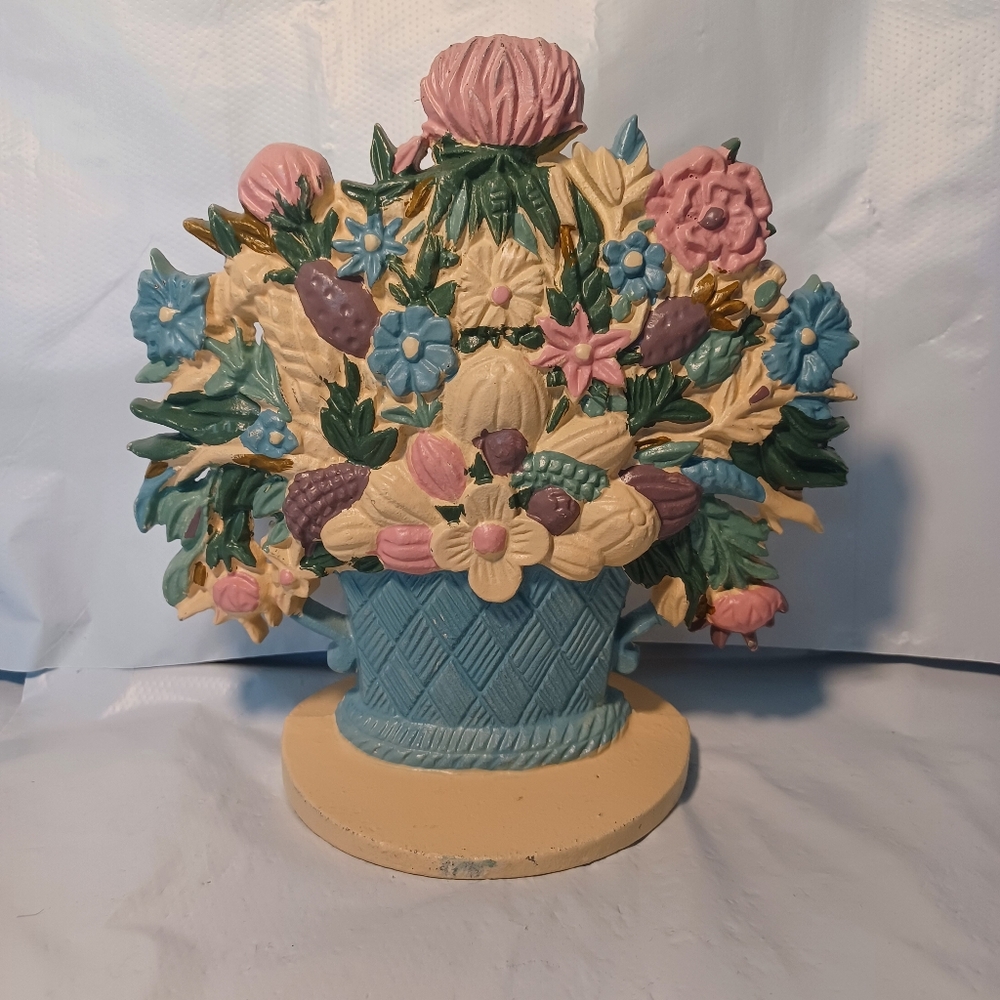 Cast Iron Doorstop Floral Basket Vintage Pink Blue Yellow Flowers Blue Basket